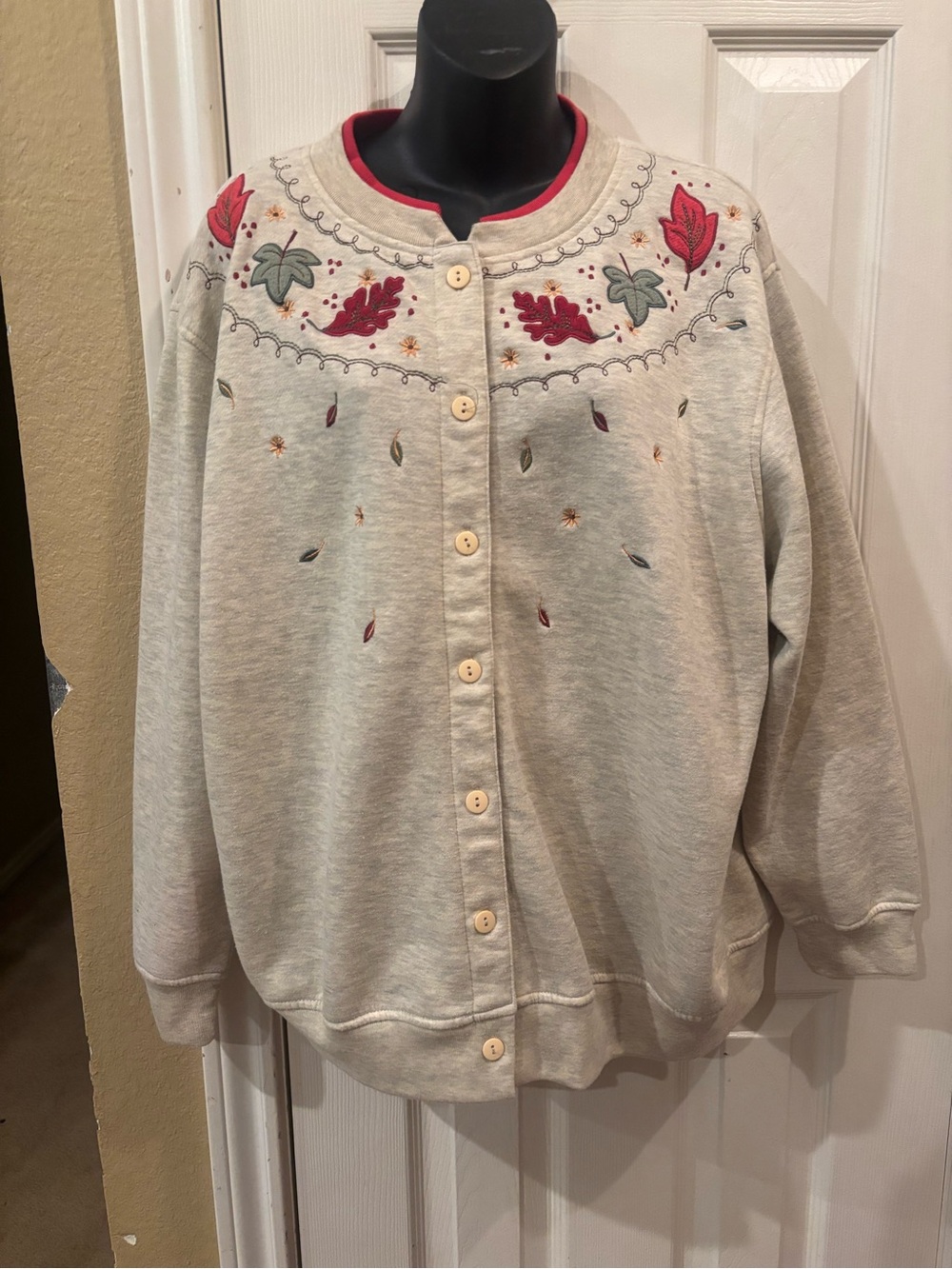 Vintage Embroidered Crewneck Cardigan Sweater - Cream with Red Leaf Accents
